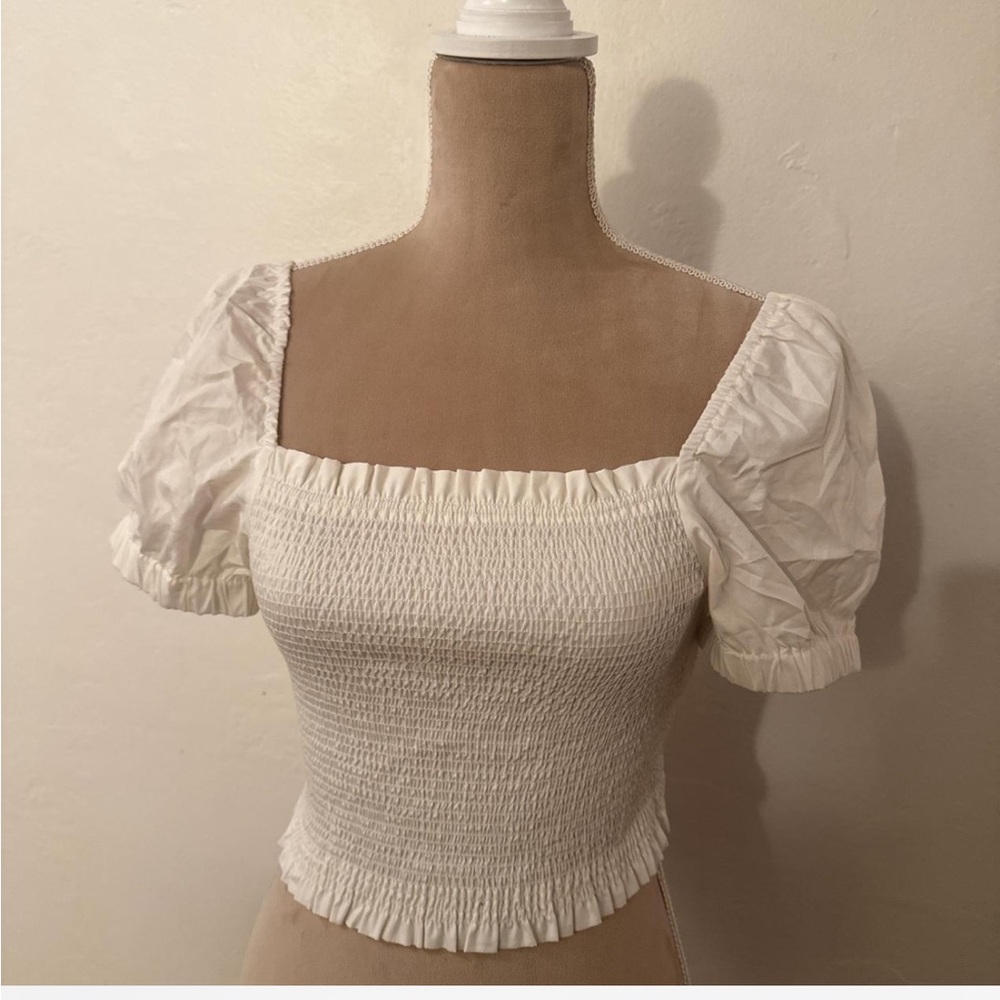 DKNY Ruched White Puff Sleeve Crop Top